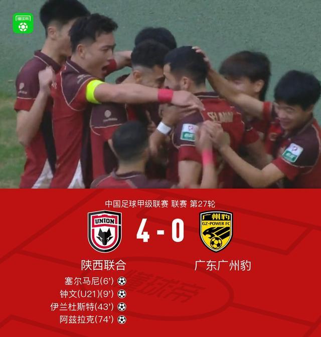 陕西4-0广州豹,塞尔马尼、伊兰杜斯特1射2传,阿兹拉克破门